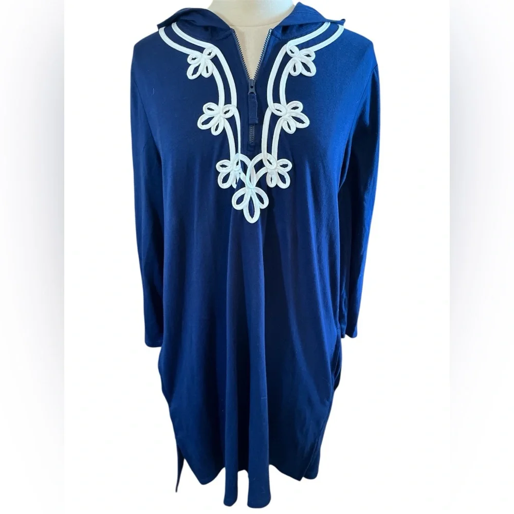 Lands' End Blue Hoodie zip up Long sleeves Tunic w/ White soutache Size Large